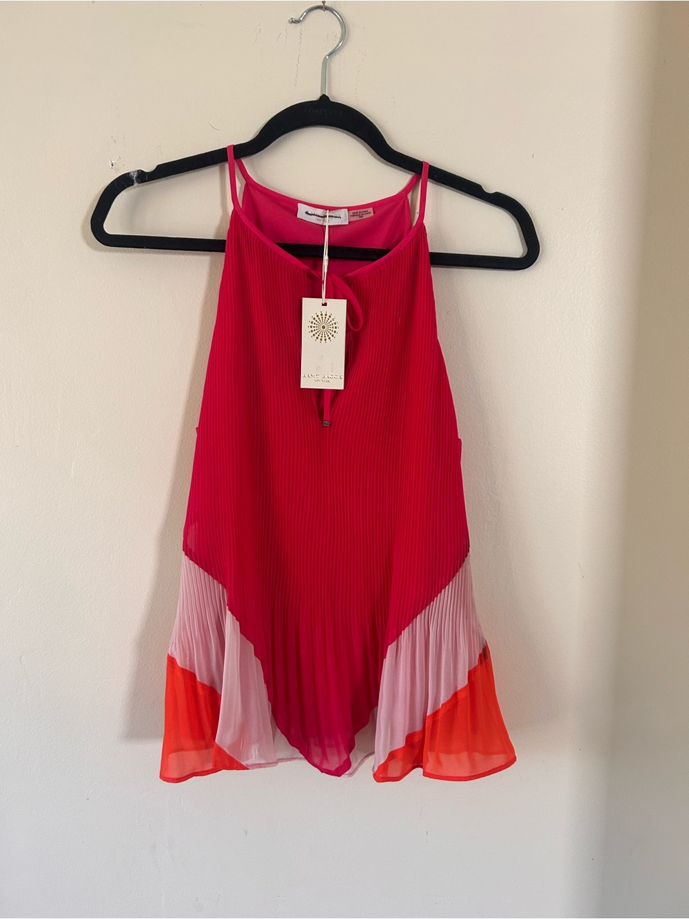 Ramy Brook Hot Pink Pleated Halter Camisole with Pink and Orange Hem